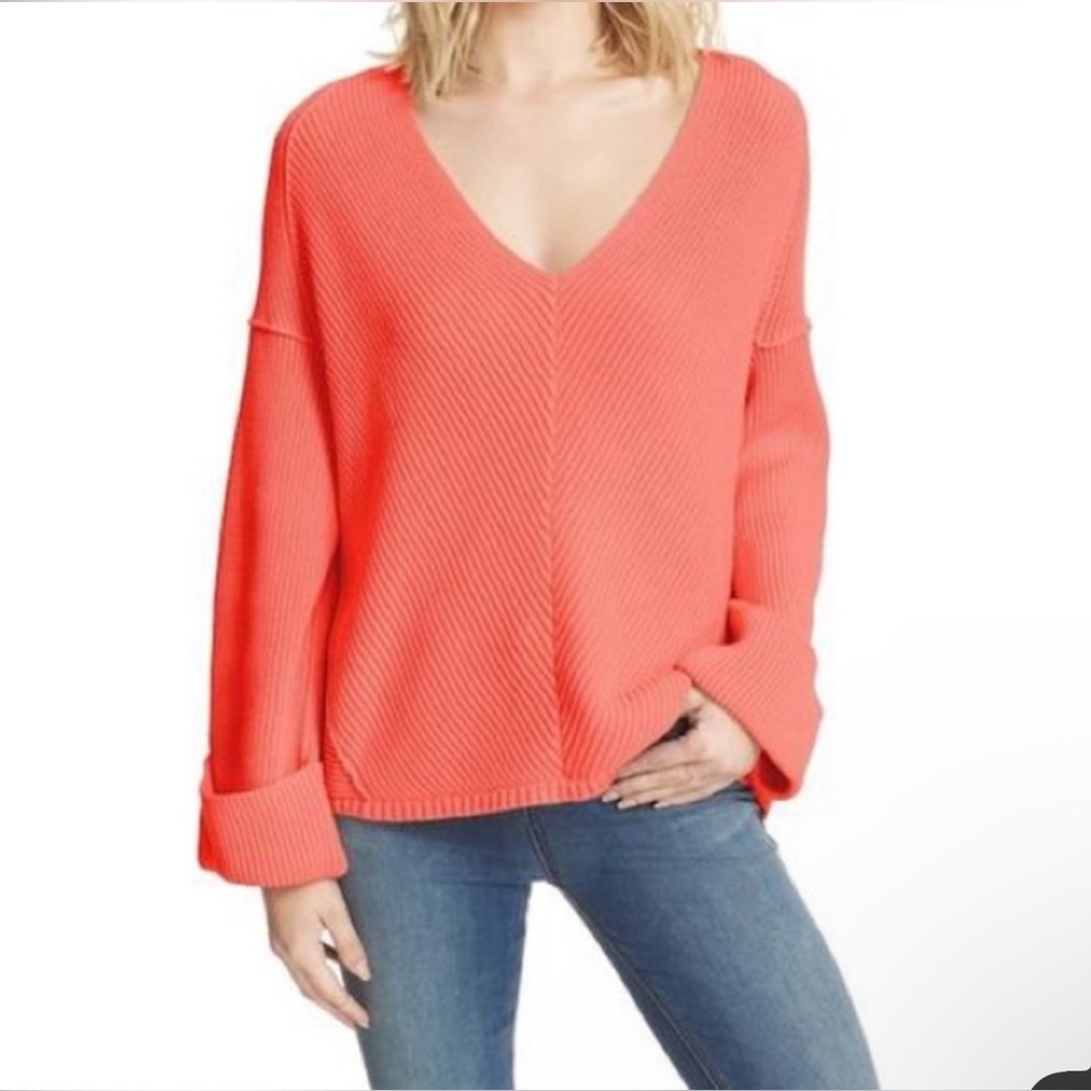 Free People La Brea V-Neck Oversized Cotton Sweater / Coral / XS (fits S/M)